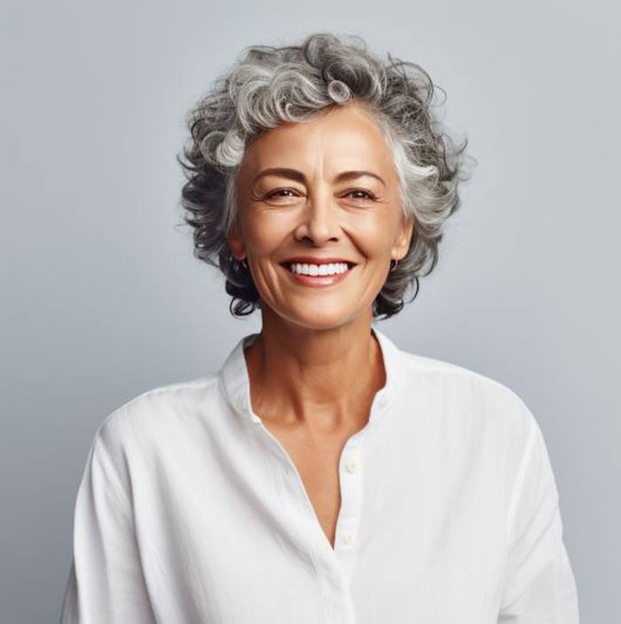 Portrait of mature woman with beautiful smile standing against gray background